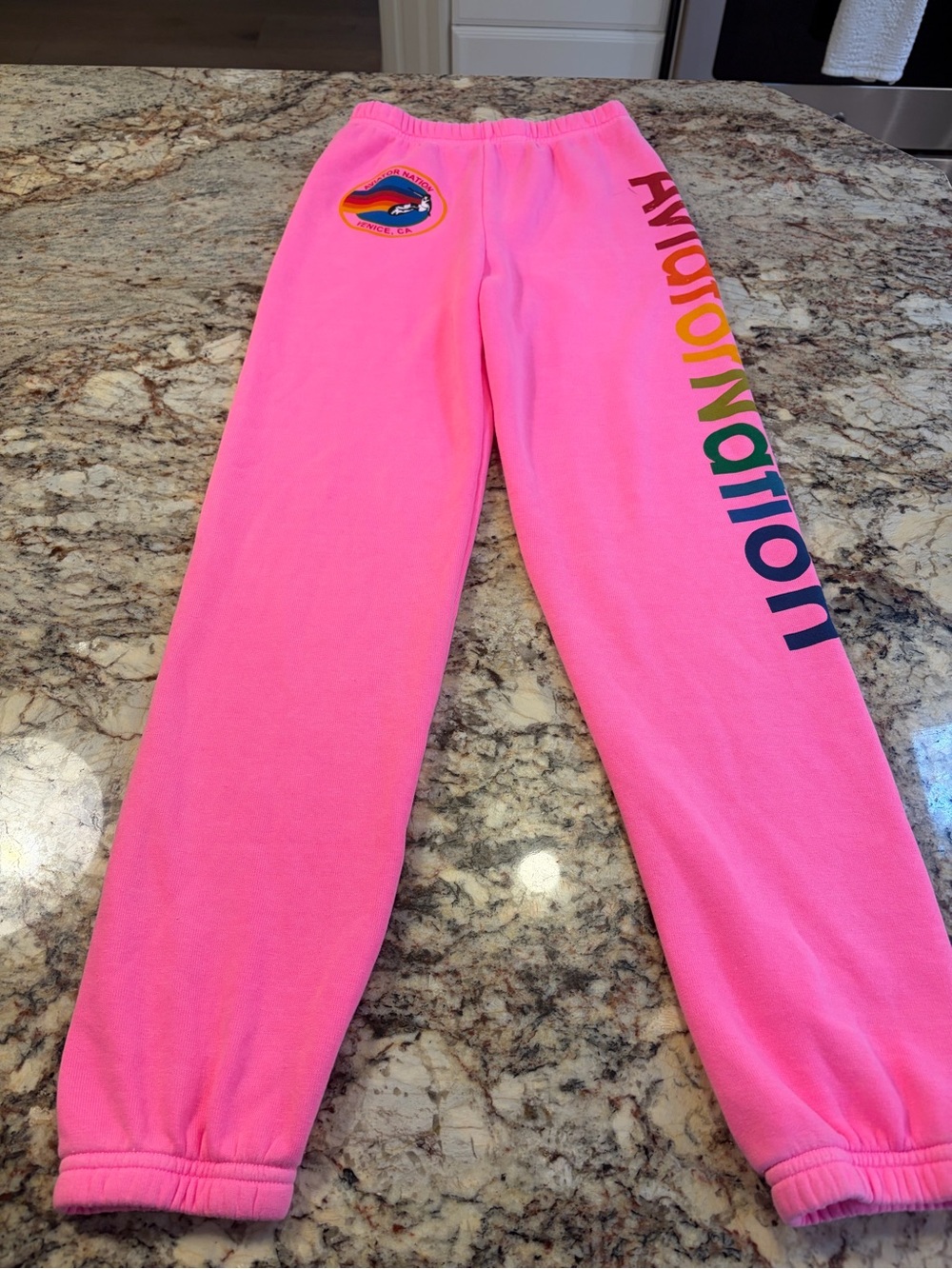 Aviator Nation Neon Pink Logo Joggers with Rainbow Lettering